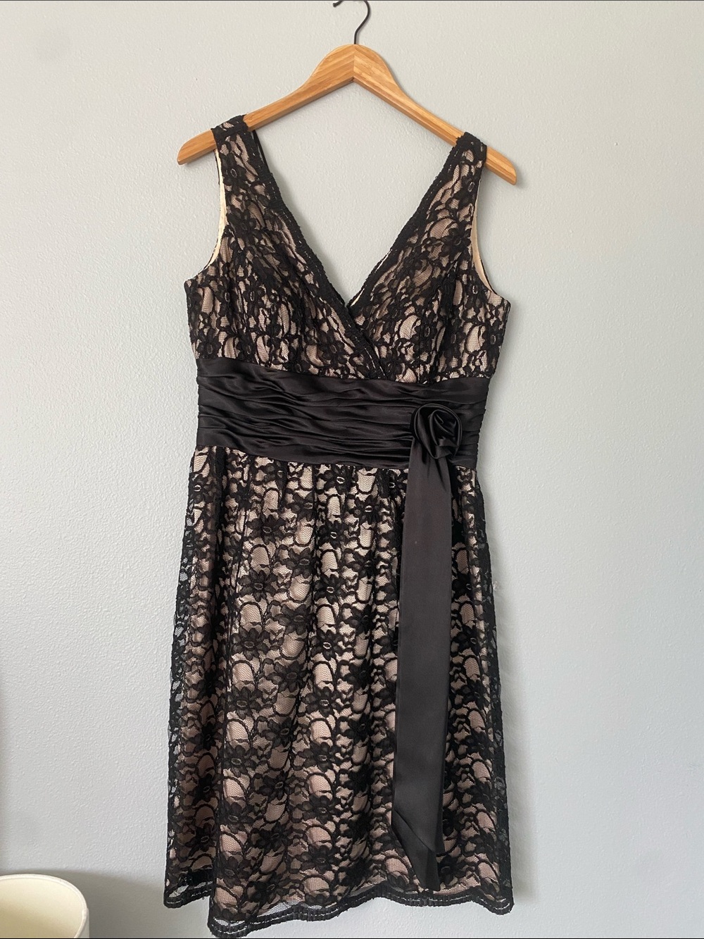 JS Boutique Black Lace Midi Dress with Nude Lining and Satin Sash